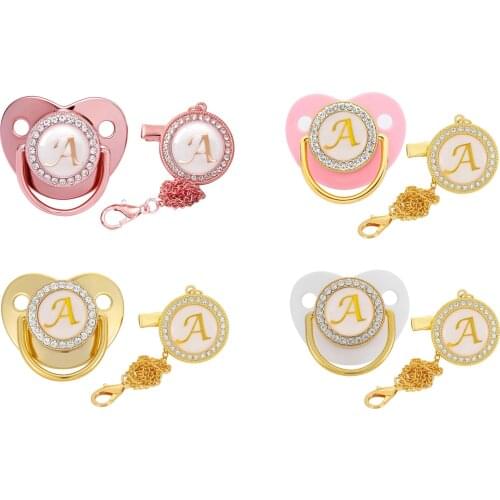 Gold Bling Pacifier Baby Pacifier Clips Chain 26 Letters Silicone Infant Rhinestone Nipple BPA Free Soother Baby Shower Gifts