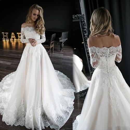 Off the Shoulder Ivory Long Sleeves Wedding Dress Crystals Applique Lace Hem Bridal Gown luxury wedding Gown