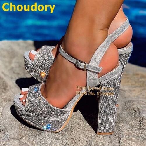 Choudory Bling Bling Silver Crystal Chunky Heel Sandals Sequined Buckle Strap Wedding Shoes Platform Rhinestone Banquet Shoes