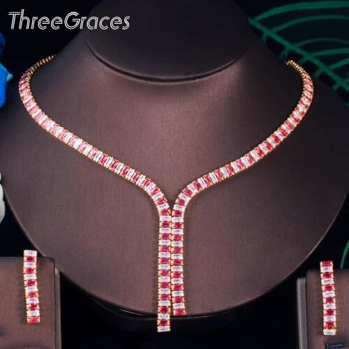 ThreeGraces Gorgeous Square Red CZ Wedding Jewelry Set Women Gold Color Cubic Zirconia Dangle Earring Necklace Accessories TZ607