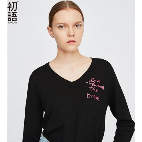 Toyouth Sweaters Women Autumn Embroidery Letters Sweater Casual Knitwear V-Neck Long Sleeve Pullovers Solid Sueter Mujer