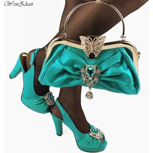 Nice Sky Blue Shoes and Bag Sets Platform High Heel Italian Shoes with Matching Bags High Quality 38-43 Latest WENZHAN B05-11