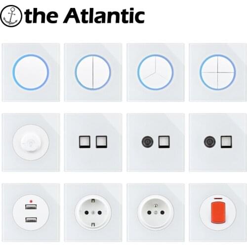 EU FR Power Socket Light Switch With LED Wall Outlet Reset Switch Push Button Lamp Light Switches TV RJ45 White Glass Socket