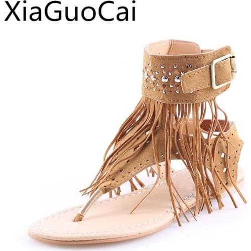 Plus Size 42, 43 Women Sandals Summer Bohemine Back Strap Female Flip Flops Tassel Solid Female Beach Shoes Z541 35
