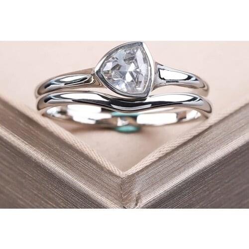 2pcs/set Silver Plated Geometric White Crystal Stone Rings for Women Couple Jewelry Finger Ring Wedding Party Simple Gift