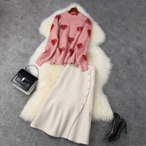New Two 2021 piece skirt set office work Winter clothing set Casual Womens Sets Beaded sweater Wool long Half skirt suit Retro