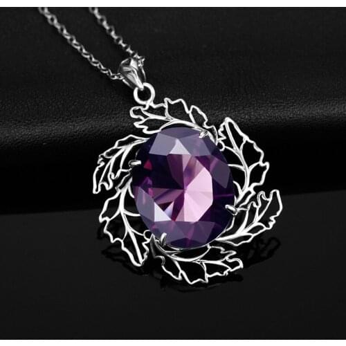 100% 925 Sterling Silver Pendant Women Creative Flower Silver Gemstone Pendant Round Purple Amethyst Love Stone Wedding Jewelry