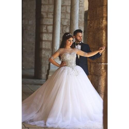 Arbaic Duabi Crystal Wedding Dress Sheer Long Sleeve Beads Ivory Tulle Princess Bridal Ball Gowns 2021 Vestidos De Novia