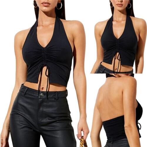 2021 Fashion Womens Solid Color Crop Tops Sexy V Neck Elastic Bust Sleeveless Halter Vest Summer Slim Casual Tanks Sun-tops