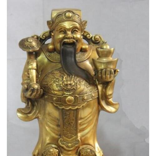 22" Chinese Bronze Dragon RuYi gold ingot mammon god of wealth Buddha Statue