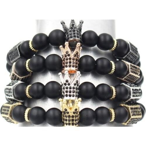 8mm kj5 gold silver Copper cz zircon cubic zirconia elastic adjusted stone Frosted agate Onyx Buddha Crown Bracelet Bangles