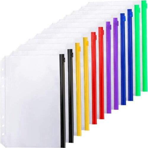 AU42 -12PCS Binder Pockets A5 Size 6 Holes Zipper Binder Pouch Folders for 6-Ring Notebook Binder Loose Leaf Bags