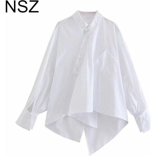 NSZ Women Oversized Cotton White Asymmetrical Blouse 2021 Large Size Crossover Open Back Irregular Shirt Ladies Streetwear Top