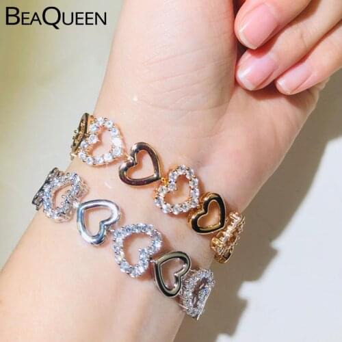 BeaQueen Elegant Yellow Gold Color Ladies Fashion Jewelry Cubic Zirconia Love Heart Shape Tennis Bracelet for Party Gift B182