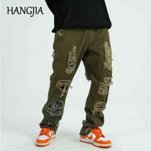 Hip Hop Hole Patch Destroyed Cargo Pants Fashionable Letter Embroidery Raw Edge Straight Trousers Men Women 2021