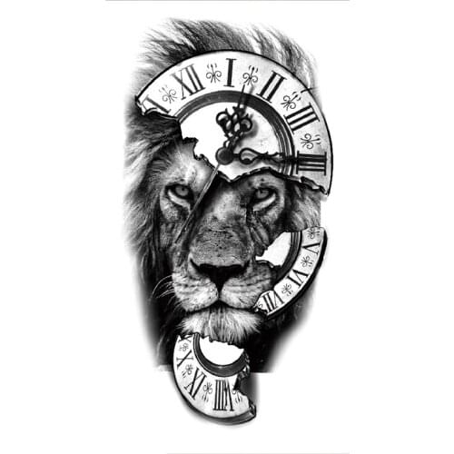 Clock Fragments Waterproof Temporary Tattoo Sticker Black Lion Head Letter Fake Tattoos Flash Tatoos Arm Body Art for Women Men