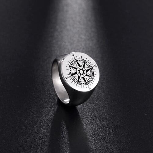 COOLTIME Retro Compass Signet Mens Rings Stainless Steel Punk Rings Vintage Jewelry Wicca Rock Gift for Male Women Hiphop