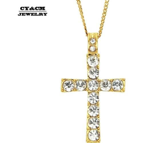 Men Women Hip Hop Alloy Cross Pendant Bling Iced Out AAA Rhinestone Crystal Gold Silver Color Charm Punk Necklace Drop Shipping