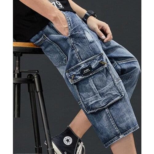 Summer New Men Jeans Cargo Shorts Casual Elasticated Waist Stretch Big Pocket Cropped Jean Male Brand