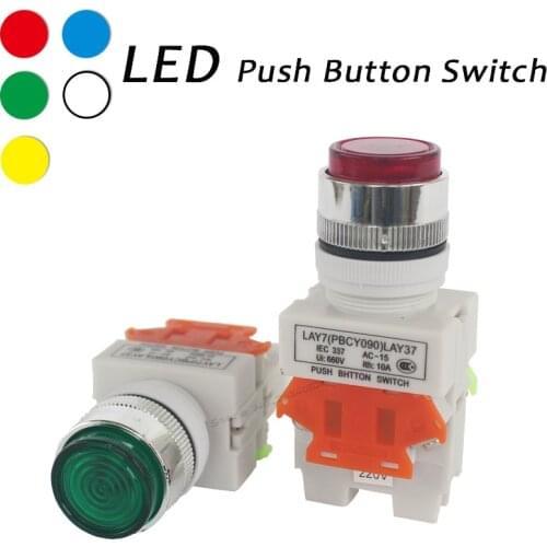 22mm LED Lamp Push Button Switch 1NO1NC Self Reset Spring Return Light Maintained Lock Switch Y090 12v 24v 220v 6v Blue White