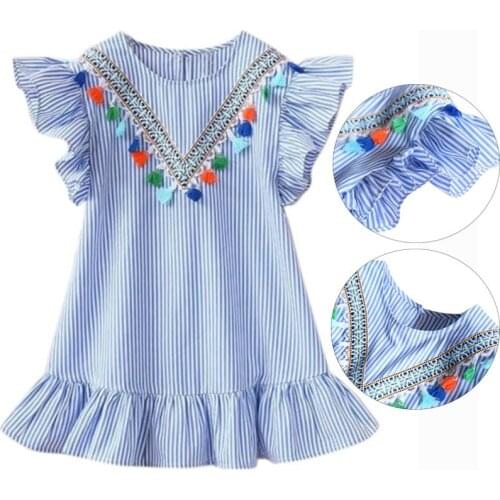 Summer Baby Girls Dress Tassel Flying Sleeve Dresses Stripe Cute Kids Party Dresses for Kids Girls Princess Dress Tops Clothes