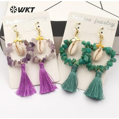 WT-E447 Multi Optional Floral Earring Natural Raw Cowrie With Stone Hoop Fringe Charm Bohemia Earring Women Bridesmaid Earring