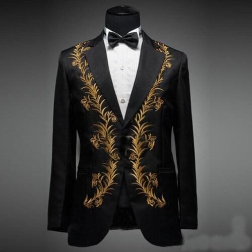 Black Embroidered Notched Lapel Mens Suits Groom Tuxedos Prom Slim Fit Men Suits Formal Wear Blazers (Jacket+Pant+Bowtie)