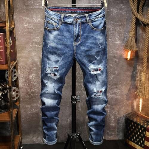 Men Jeans Stretchy Ripped Skinny Biker Jeans Destroyed Hole Taped Slim Fit Denim Jeans Men
