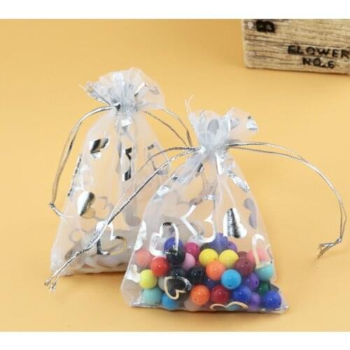 Wholesale 100pcs/lot White Organza Bag 7x9cm Silver Heart Print Wedding Jewelry Packaging Bags Pouches,Nice Gift Bags