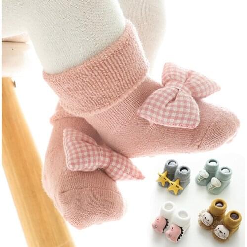 Autumn Winter Baby Socks Cartoon Bows Dinosaur Kids Girl Boy Short Socks Anti Slip Thick Warm Children Toddler Floor Socks