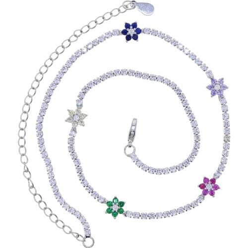 Colorful cz paved Daisy Flower charm choker necklace with 5A cz paved tennis chain necklace jewelry plated silver color jewelry