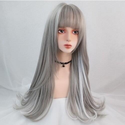 GAKA LISA Long Synthetic Hair Gray Highlighting Hanging Ear Dyeing Micro-Volume Curly Wigs