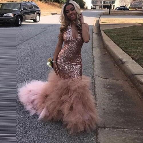 Dusty Pink Prom Dresses Long Mermaid vestido Sexy Prom Dress Tiered Tulle Fashion Sequin Evening Dress Halter Custom Made