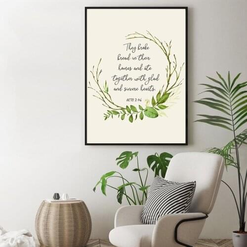 Bible Verse Acts 2:46 Quote Art Prints Watercolor Wreath Painting Canvas Poster Farmhouse Wall Picture Kitchen Dining Room Decor