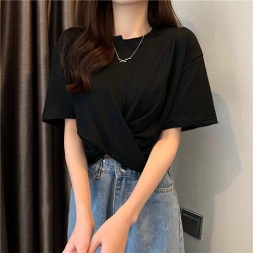 New Design Fashion Knot Womens T-shirts Casual Streetwear White Solid Graphic T Shirts Female Plus Size Tees Summer Casual Tops