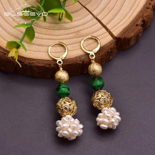 GLSEEVO Original Design Natural Green Stone Fresh Water Pearl Dangle Earring For Women Mother Anniversary Ethnic Jewelry GE0961A