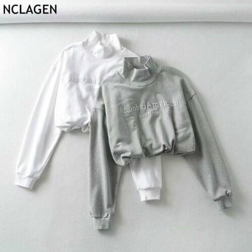 NCLAGEN Letter Embroidery Batwing Sleeve Crop Sweatshirt Women Turtleneck Casual Streetwear Pullovers 2020 Autumn Chic Hoodies