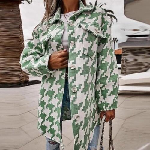 Autumn Winter Turn-down Collar Long Sleeve Casual Coat Womens Plaid Print Button Office Ladies Loose Coats Houndstooth Outwears