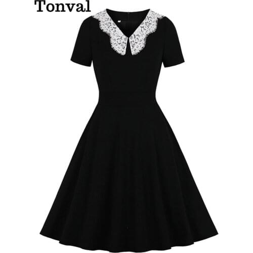 Tonval Lace V-Neck Black Vintage Style Evening Ladies Elegant Night Dresses Women Short Sleeve A-Line Robes Knee Length Dress