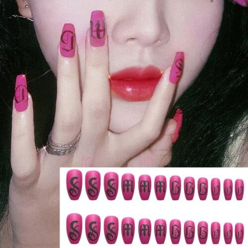 24Pcs/Box Rose Red Color Cow Zebra Letter Design Short Paragraph Fake Nails with Jelly Sticker DIY Manicure Patch False Nails