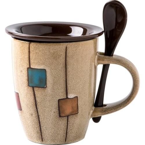 420ml Creative Ceramics Coffee Mug With Lid Spoon Vintage Manual Painting Mugs Drinkware Tea Cups Novelty Gifts Milk Cup