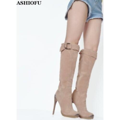 ASHIOFU Handmade Womens High Heel Platform Boots Sexy Night-club Party Prom Knee Boots Plus Size Winter Evening Fashion Boots