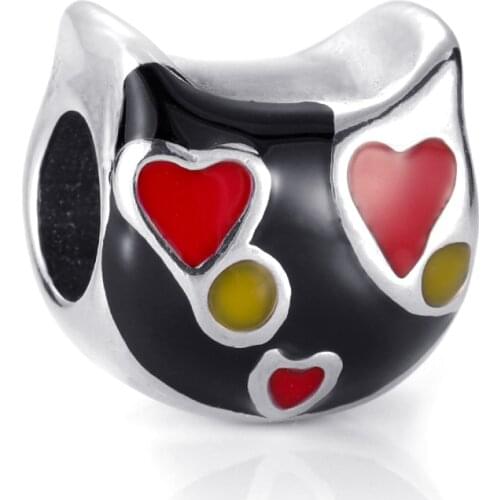 Stainless Steel Cat Bead Enameled 5.5mm Hole Metal European Beads Bracelet Charms for DIY Jewelry Making Accessories