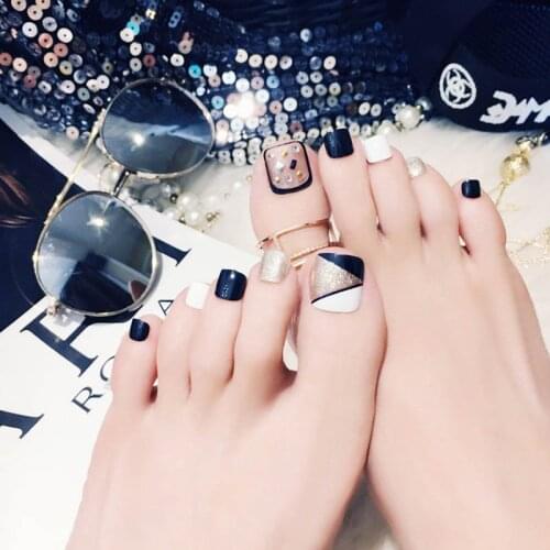 Black Transparent press on toenails Gold Glitter Stylish Rivet Design False Nail Short Artificial Acrylic Tips for Toe nail glue