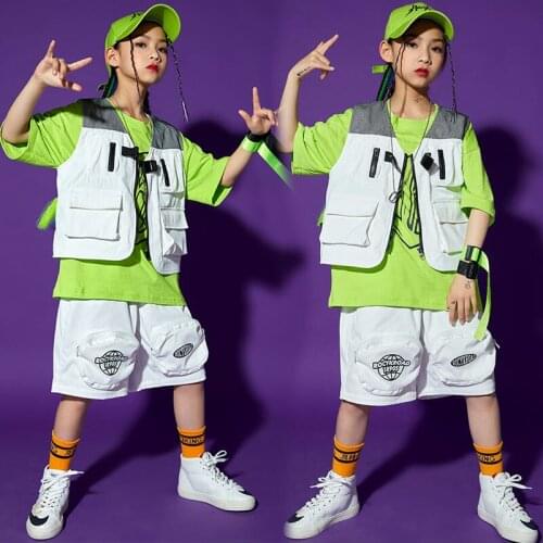 Kids Hip Hop Clothing Sweatshirt Top Tactical Cargo Shorts Sleeveless Jacket Vest For Girls Boys Jazz Dance Costume Clothes Wear