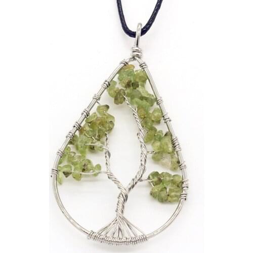 KFT Silver Plated Wire Wrapped Water Drop Tree of Life Natural Healing Crystal Stone Pendant Amethysts Stone Necklace Jewelry