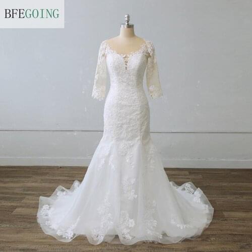 Ivory Lace Tulle 3/4 Sleeves Bridal Dress Floor-length Mermaid/Trumpet Wedding Gowns Train and Detachable Train