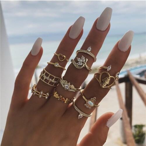WUKALO Bohemian Gold Crystal Geometric Leaf Heart Flower Ring Set Women Charm Joint Rings Party Wedding Jewelry