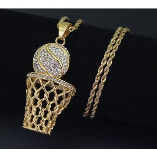 Fashion Hip-Hop Basketball Frame Men necklace Zircon Gold / Silver Color Pendant Steel Necklace Men Basketball Sports Jewelry