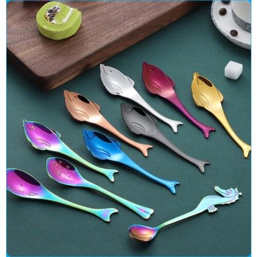 4pcs set, colorful stainless steel kids baby spoon, metal mini scoop, fish dolphin design, ice cream spoon, cute short spoon